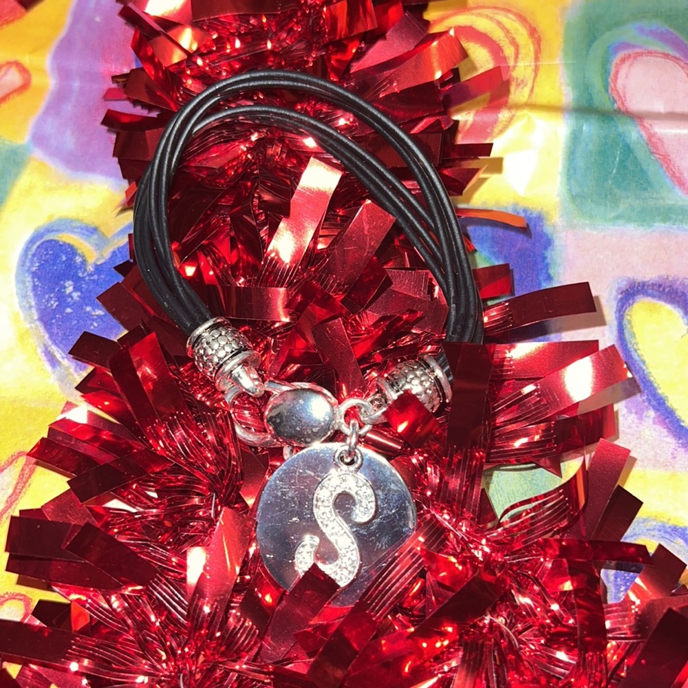 Vintage 6 Strand Black Vegan Waxed Cord Initial Rhinestone “S” Bracelet 7.5